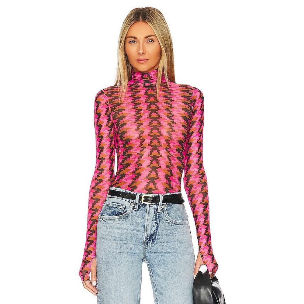 AFRM Zadie Sheer Turtleneck Herringbone Long Sleeve Top Thumb holes